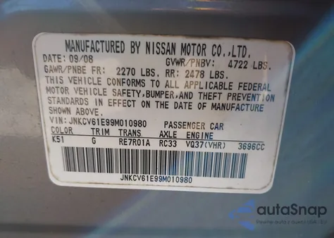 2009 Infiniti G37 Journey z USA, uszkodzony, nr VIN JNKCV61E99M010980